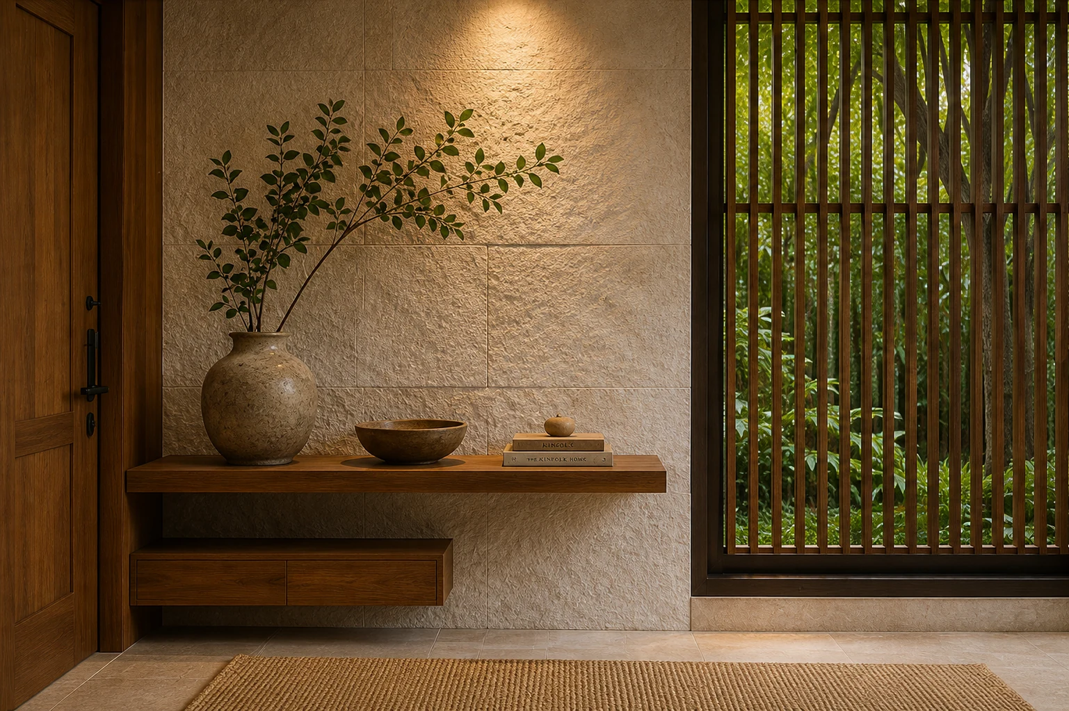 Warm stone and timber architectural detail at The Grove House